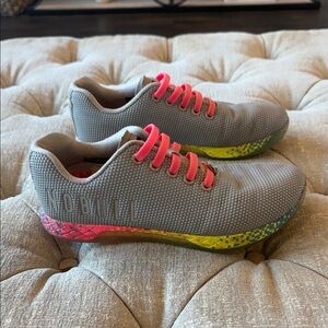 NOBULL Women’s 7 Gray Sneakers with Pink Laces and Colorful Soles‎